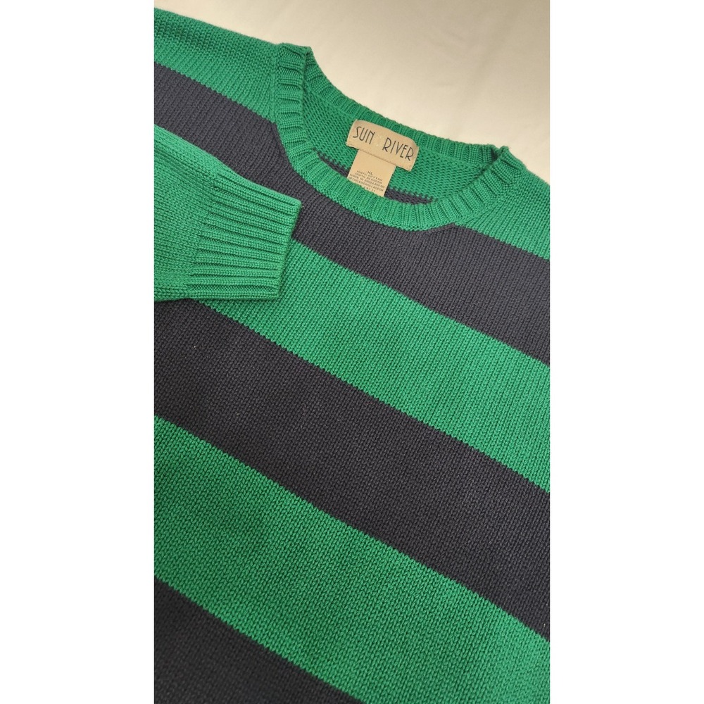 VTG SUN RIVER Waffle Knit Sweater Men's XL Blue Green Striped Preppy